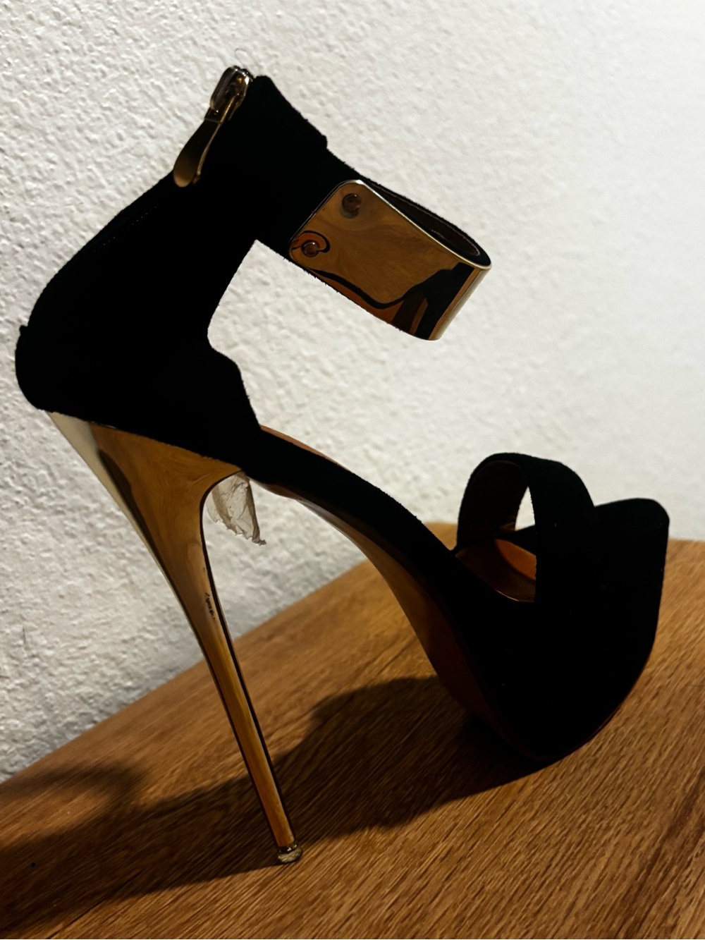 NWOT - Black Suede Stiletto Sandals with Gold Accent Ankle Cuff